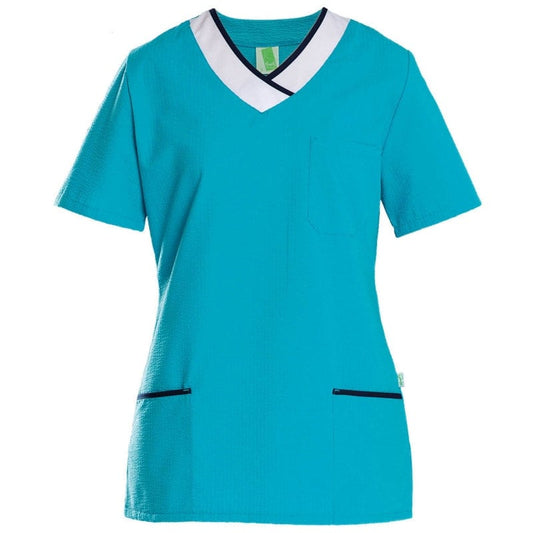 Womens's Seersucker Scrub Top lagoon/white | XL